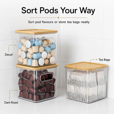 3-Pack Coffee Pod Storage Boxes, Clear & Stackable with Grooved Bamboo Lids