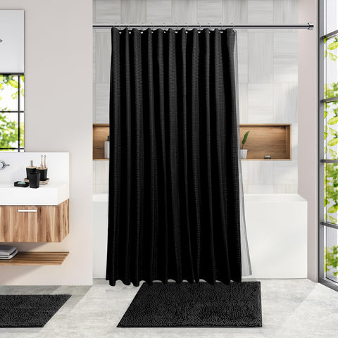 Shower Caddy and Bathroom Accessories Set with Bath Rugs 27PC Bathroom Accessory Set with Shower Caddies Black Bath Rugs, Shower Curtain Set