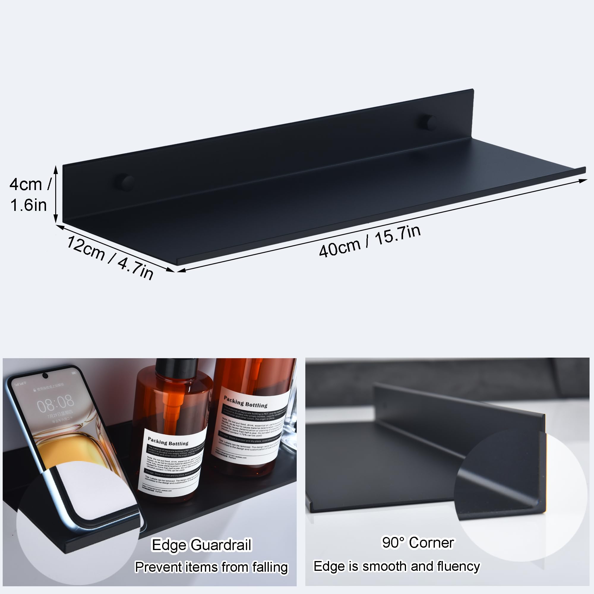 HNVNER Black Bathroom Shelves No Drill, Metal Shower Caddy 2 Pack, 40 cm