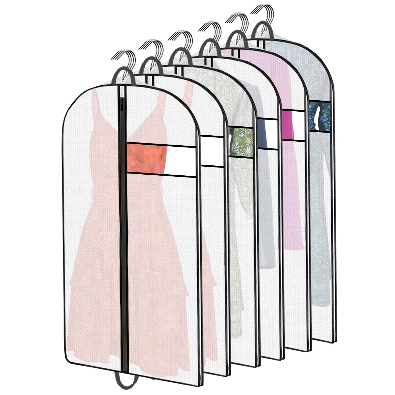 Clothes Bags 6 Pack | Suit Covers for Hanging Storage, Polypropylene Garment Dress Bags with Full Zip, Reusable Translucent Clothes Covers