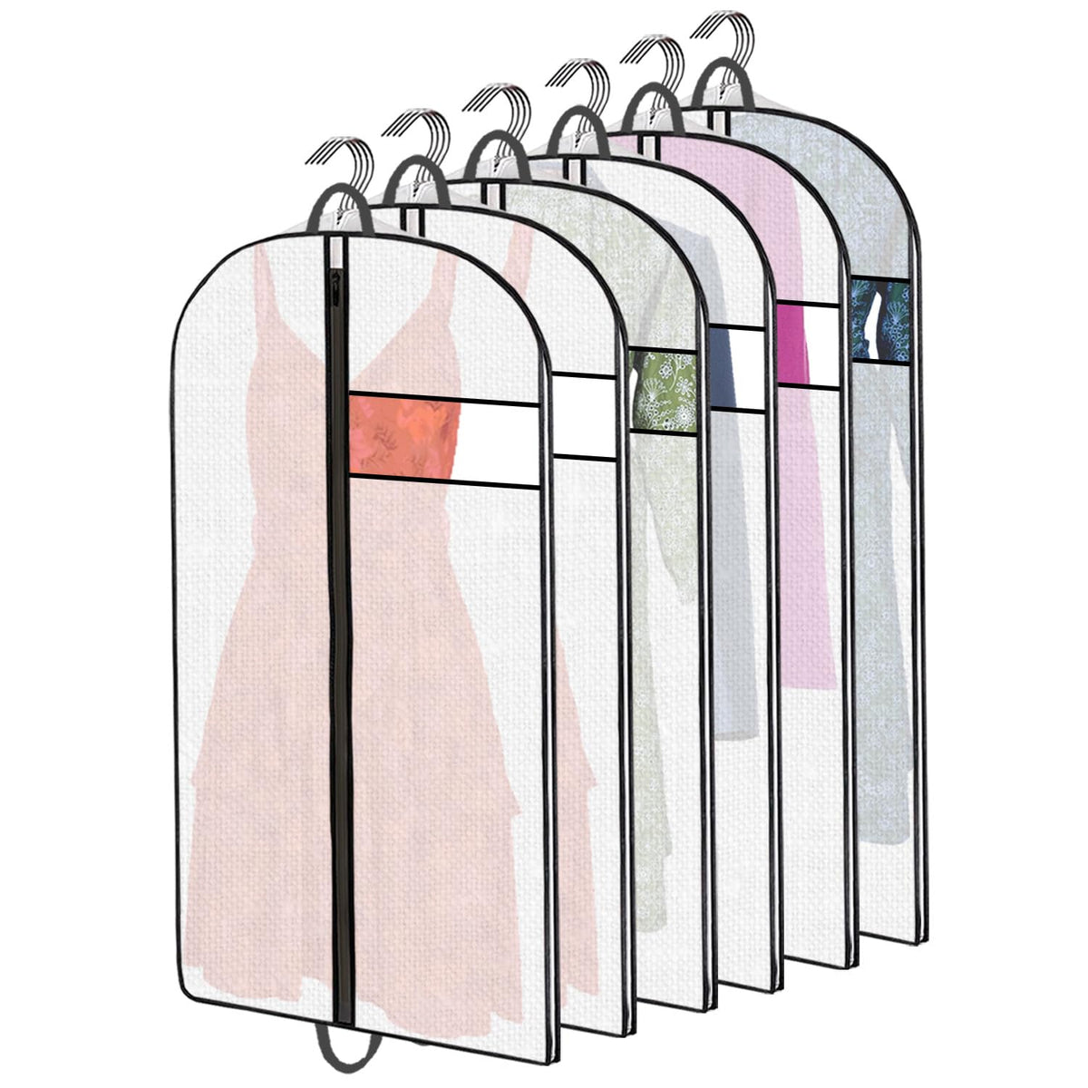 Clothes Bags 6 Pack | Suit Covers for Hanging Storage, Polypropylene Garment Dress Bags with Full Zip, Reusable Translucent Clothes Covers