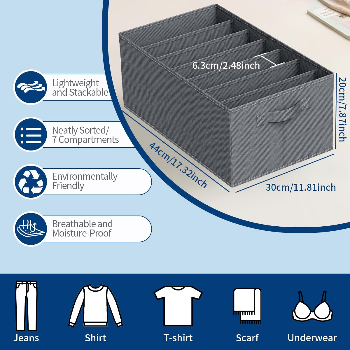 Niviy Clothes Drawer Organiser 7 Cells, 2 Pack, Large Wardrobe Storage