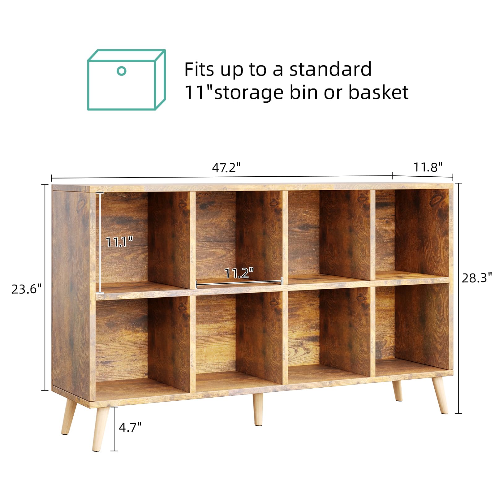 Flrrtenv 8-Cube Bookshelf 2 Tier Retro Bookcase with Legs, 120cm Wood Bookshelves Storage Organizer Shelf