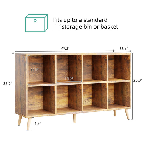 Flrrtenv 8-Cube Bookshelf 2 Tier Retro Bookcase with Legs, 120cm Wood Bookshelves Storage Organizer Shelf