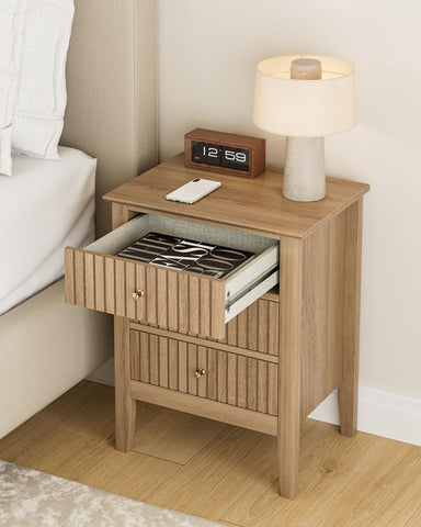 HEYZOEY Oak Finish Bedside Table, 3 Fluted Drawers, Country17.8×13.3×24 in