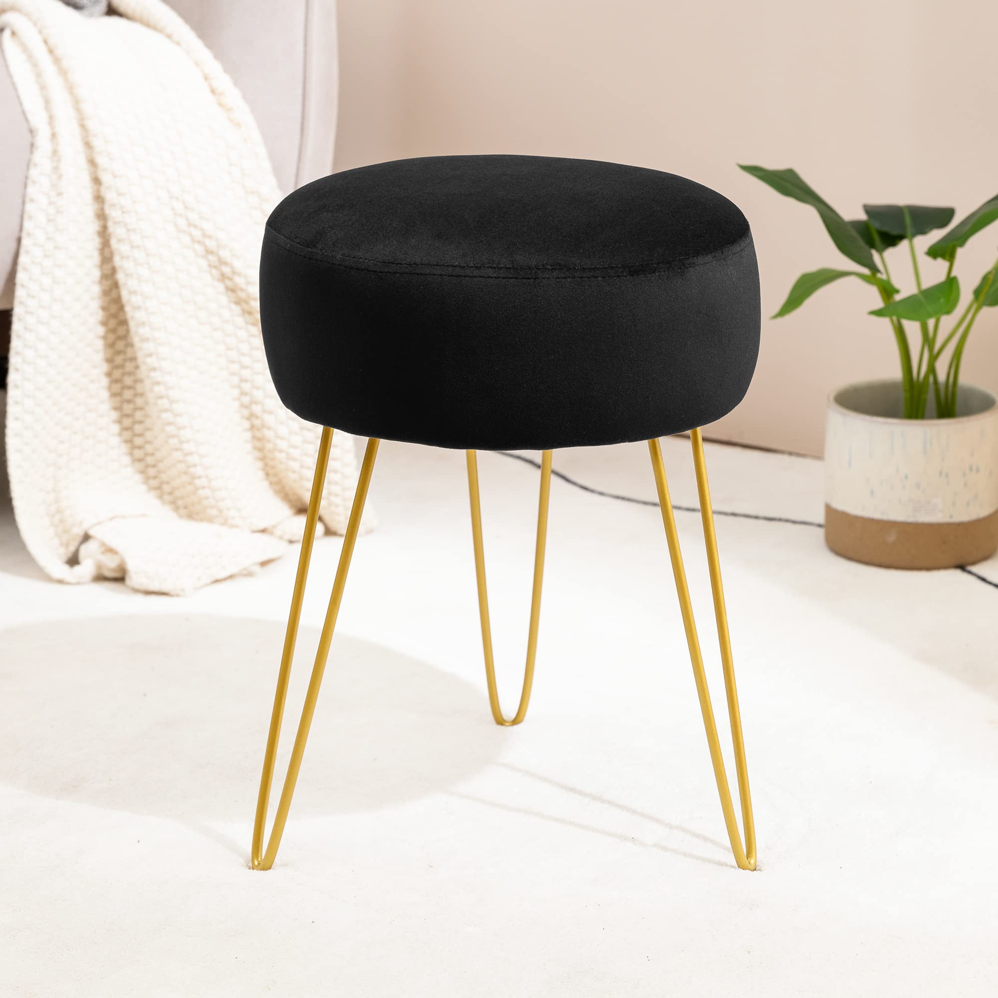 LUE BONA Velvet Round Stool Dressing Table Stool, Makeup Vanity Stool, Ottoman Padded Stool Metal Legs Support, Black