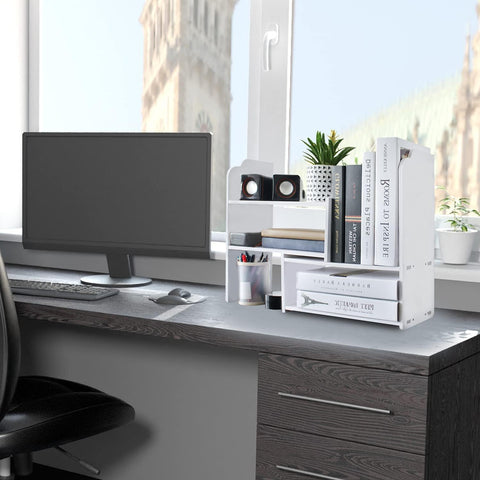 DoToGo Desk Shelf Organizer, Deskop Bookshelf for Small Space Adjustable Expendable for Office, Home, Kitchen (white-wlk)