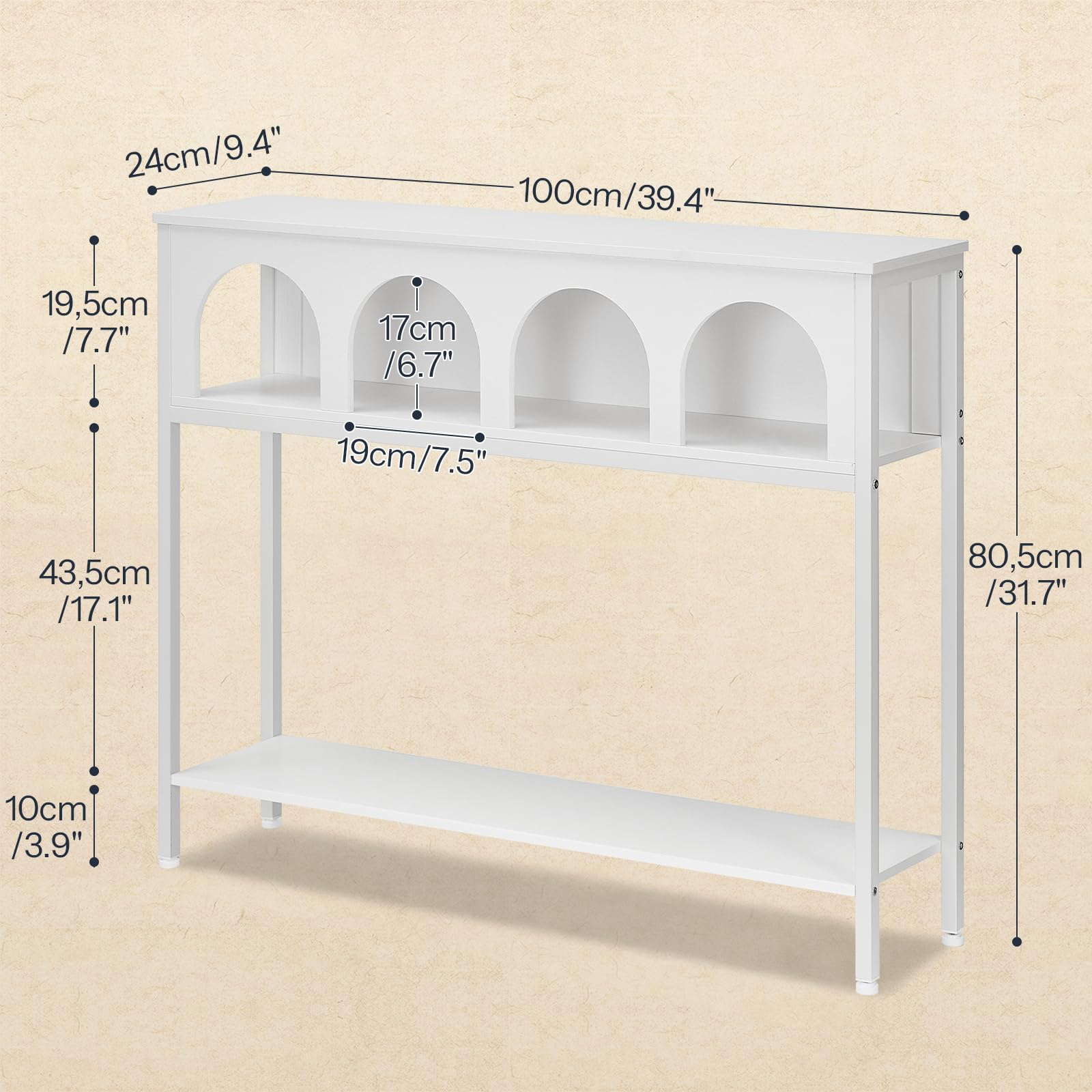 HOOBRO 100 cm Console Table with 3-Tier Storage, Arched Hallway Table with Sturdy Metal Frame, Narrow Sofa Table Behind Couch for Living Room
