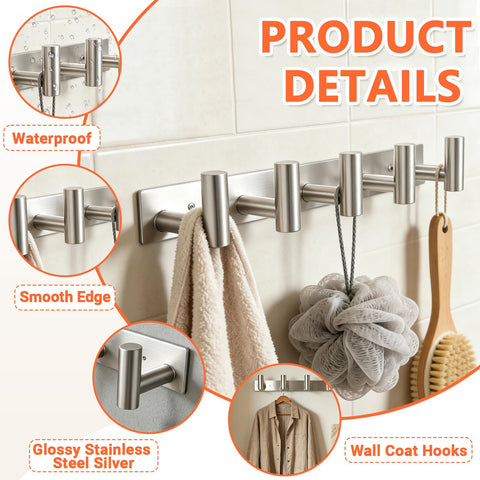 TOEKSIX Silver Steel Wall Coat Rack 15.6in, 5 Hooks for Bathroom Bedroom