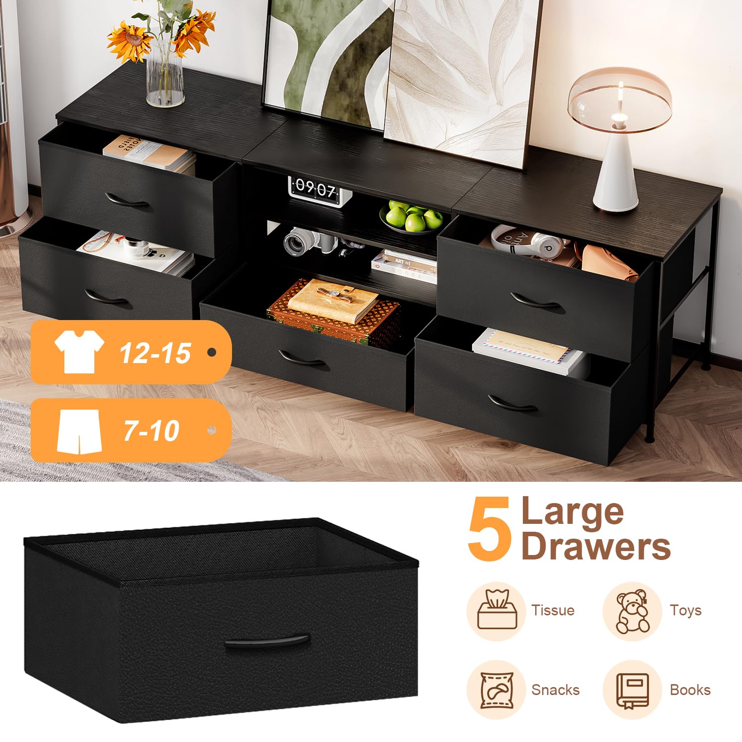Forthcan TV Stand Cabinet, TV Unit with 5 Drawers, 140 cm, All Black