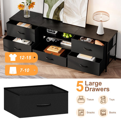 Forthcan TV Stand Cabinet, TV Unit with 5 Drawers, 140 cm, All Black