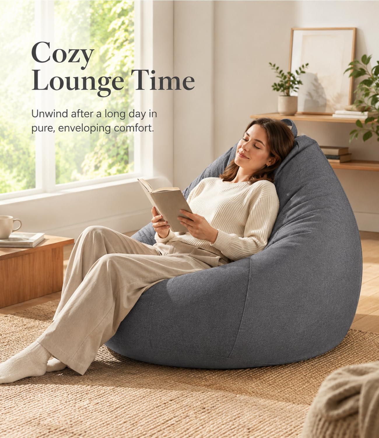 Highdi Bean Bag Without Fillings - Cotton Linen Durable & Comfortable, Storage Grey Bean Bag Chair for Living Room/Bedroom/Gaming Room