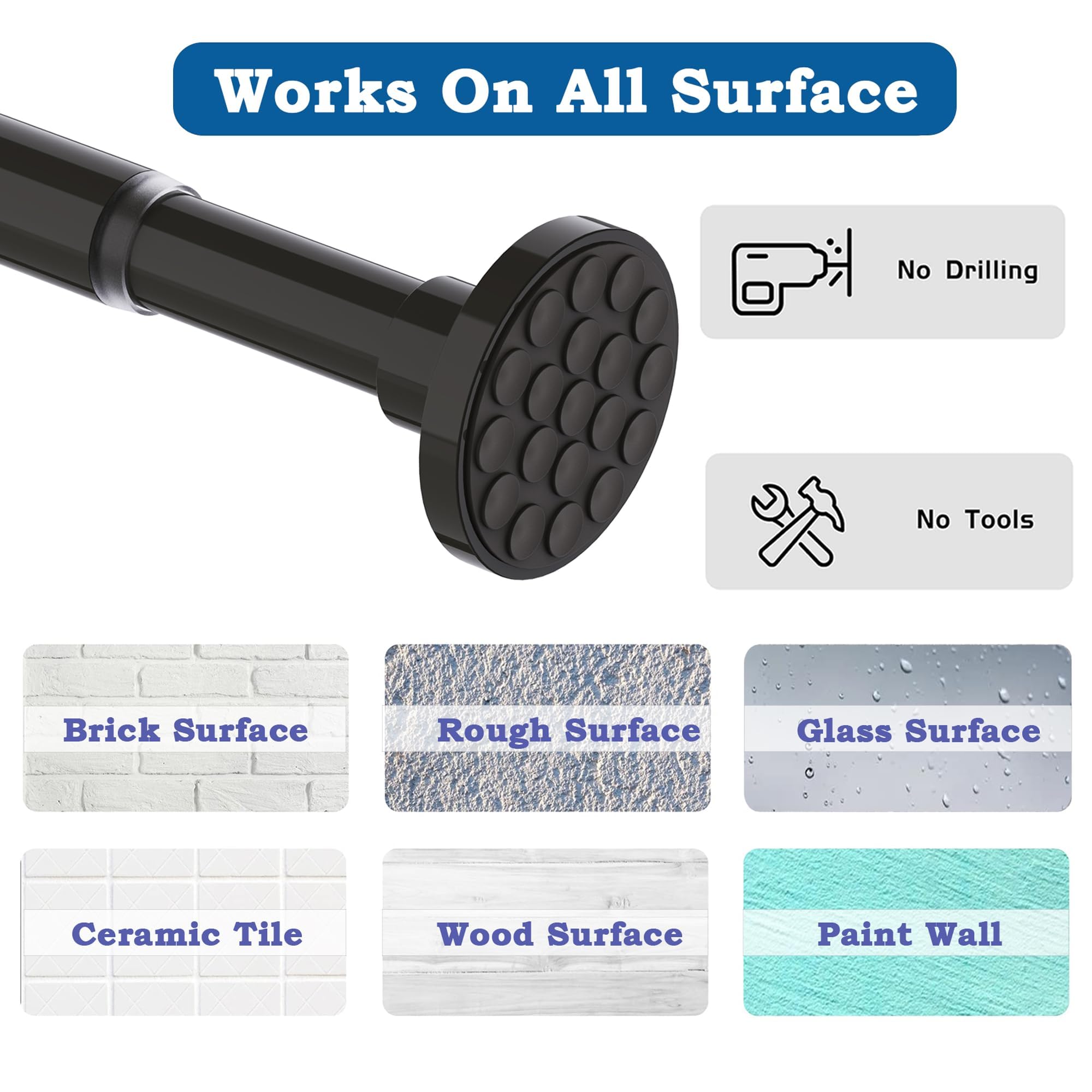 Curtain Pole No Drilling Extendable Telescopic Rod Extra Thick Shower Curtain Rail Tension Rod for Bathroom, Bedroom Black (85-155CM Φ32 mm)