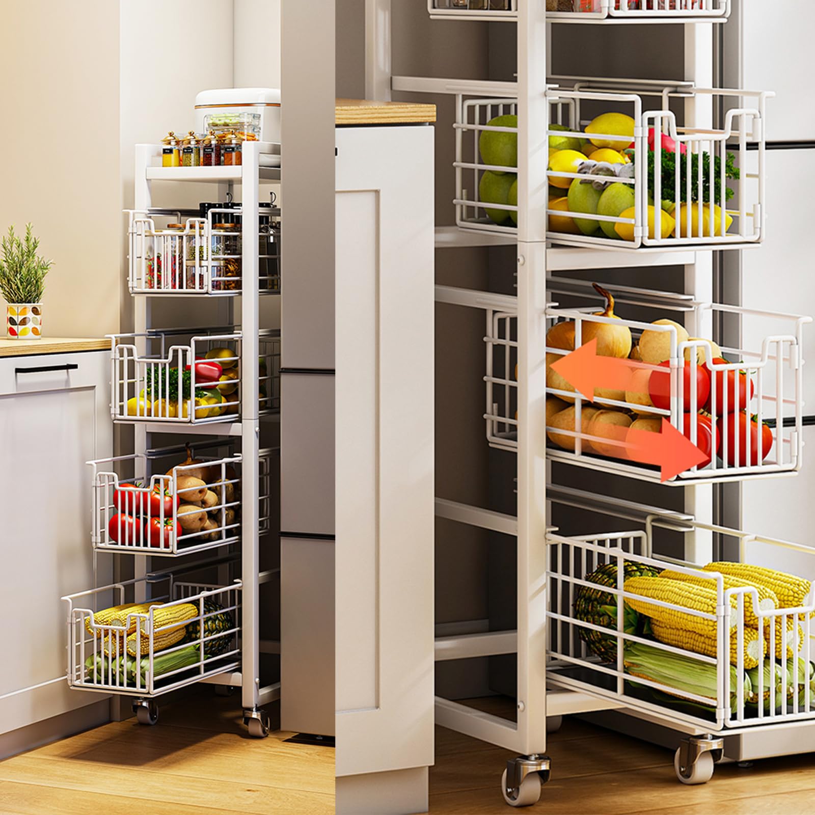 4-Tier Pull-Out Storage Organizer Rolling Utility Cart - Universal Metal Craft Shelf Trolley for Home Kitchen Bathroom Bedroom Office Classroom