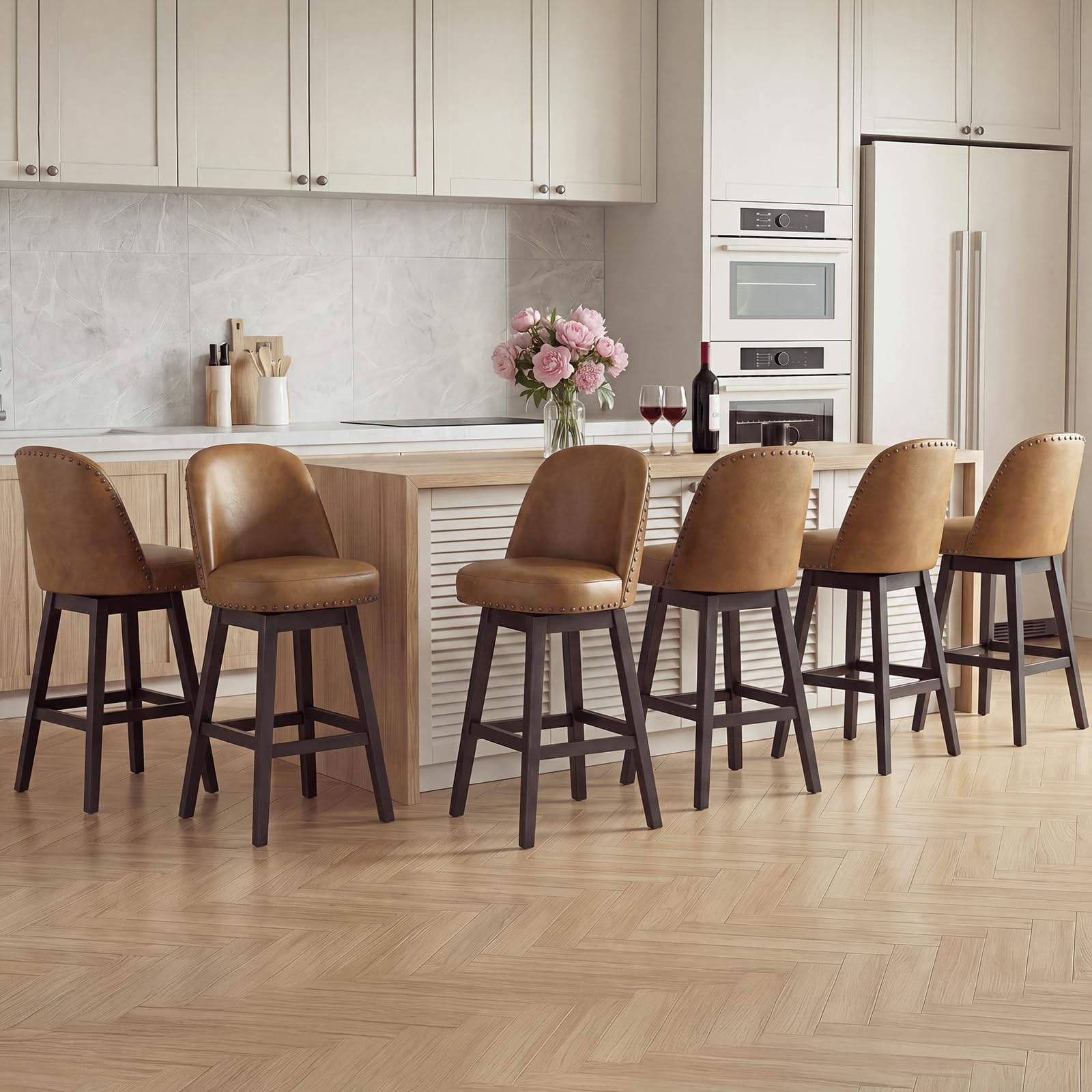 Bar Stools Set of 6, 360° Swivel Counter Stools with Upholstered Seat, Wooden Frame & Nailhead Trim