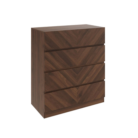 GFW Catania 4 Drawer Chest of Drawers, Royal Walnut Bedroom Storage Unit with Herringbone Drawer Fronts, Modern Handle-Free Furniture