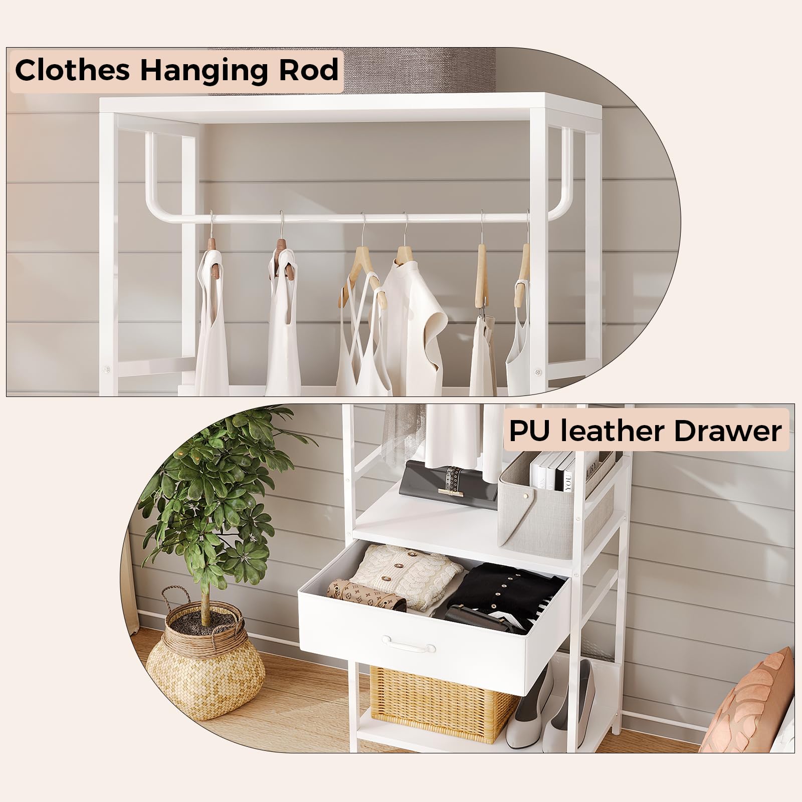 VOWNER Slim Hall Tree Entryway Coat Rack Bench Drawer White Hanging Rod