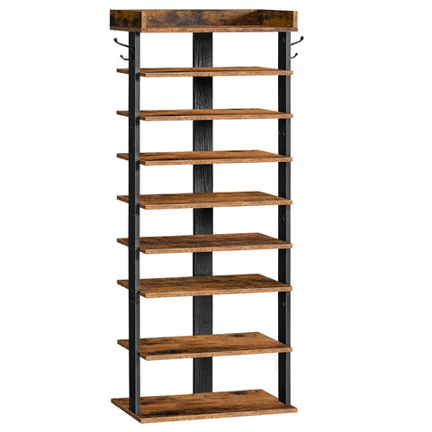 HOOBRO Narrow 9-Tier Tall Shoe Rack, Wooden Storage Organizer With 2 Hooks, Slim Shelf, Vertical Tower for Entrance, Industrial
