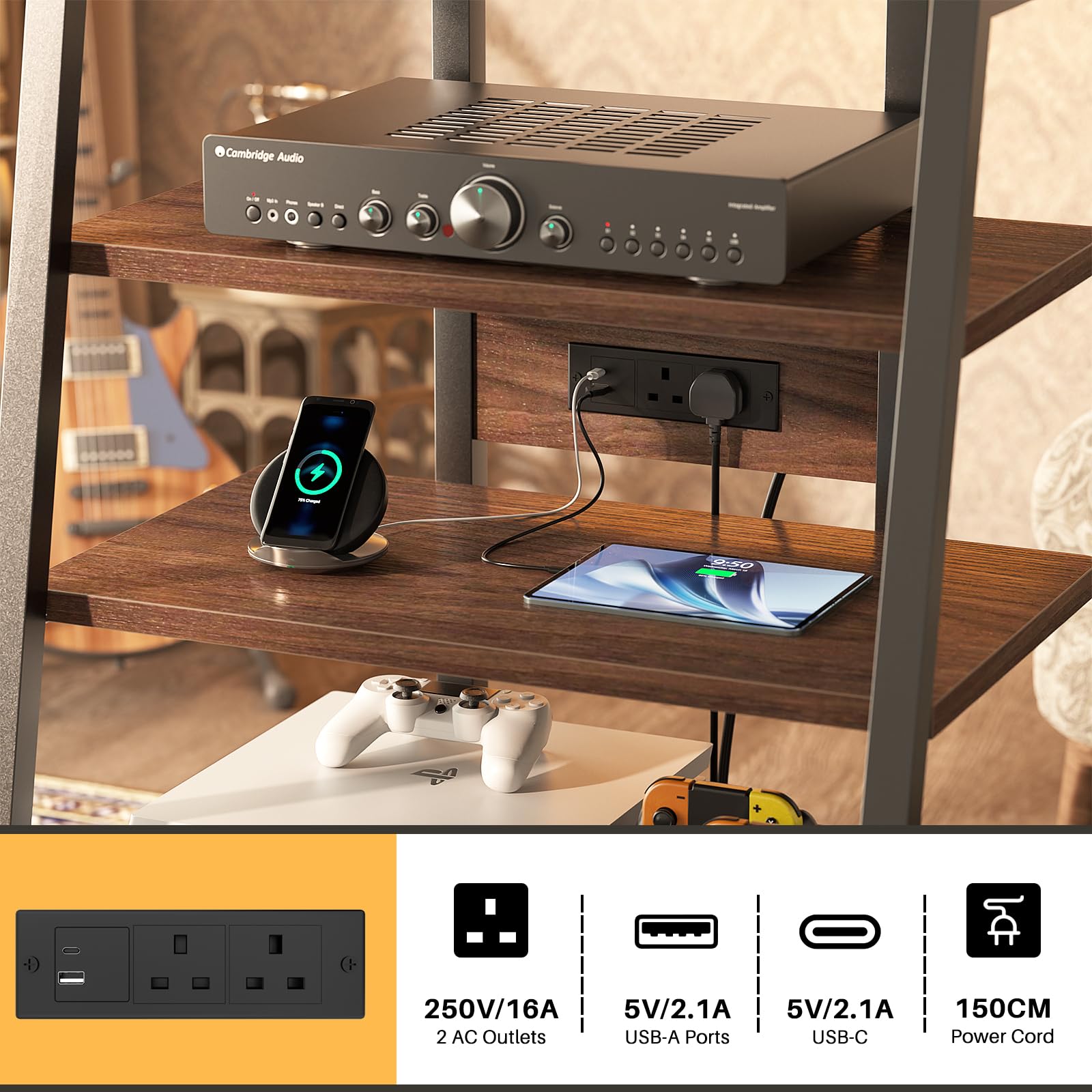 iSunirm AV Media Stand with Outlets, 4-Tier Media Console with LED Lights, Record Player Stand With Storage Shelves