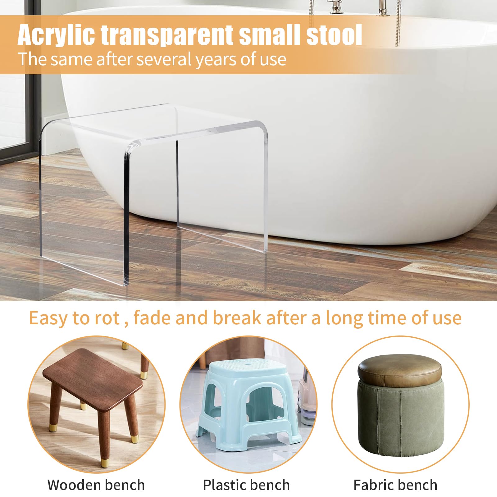 Clear Acrylic U Shaped End Table, Transparent Perspex Plastic Shower Stool, Stylish Modern Coffee Table with Rounded Edges