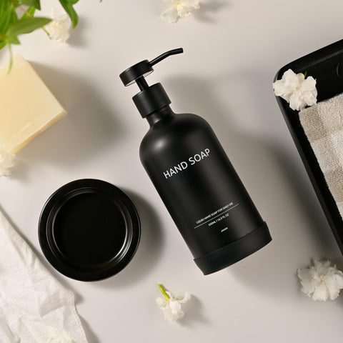 Janxin Black Glass Bottles with Pump, Hand Soap Dispenser Set, Glass Soap Dispenser Set, Washing up Lliquid Dispenser, With Tray