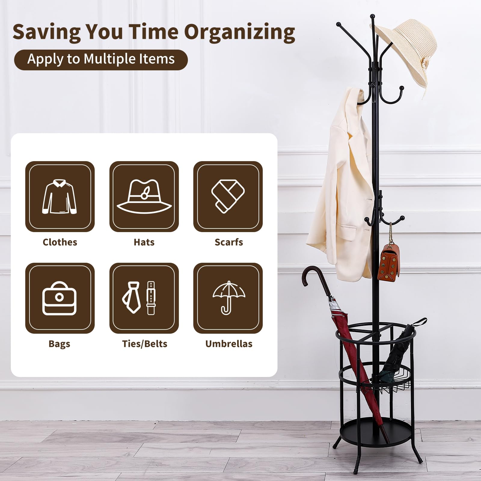 Luyi-Life Metal Coat Rack Stand with Umbrella Holder 12 Hooks for Hallway,182cm Free Standing Coat Tree Hanger Stand for Clothes, Hats, Bags