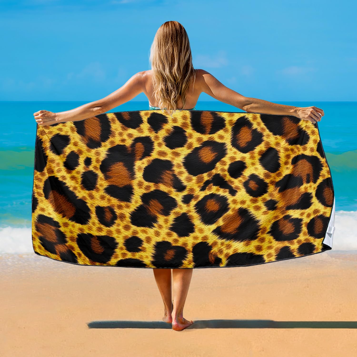 Violetpos Realistic Leopard Fur Print Beach Towel, Extra Large 180x90 cm 250GSM Microfibre, Sand Free Quick Dry