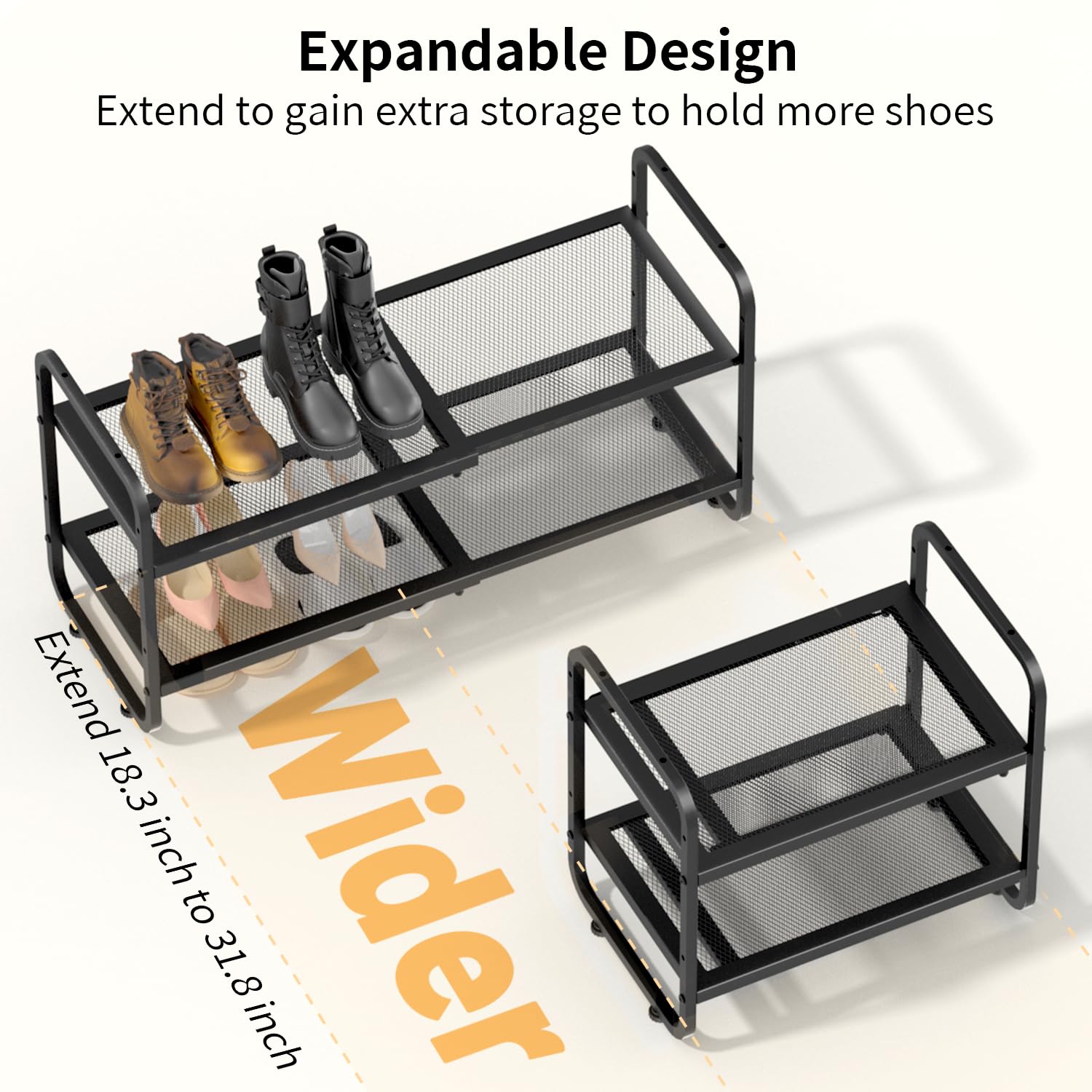 ULYVU Expandable Metal Shoe Rack 2 Tier, Height Adjustable & Stackable | Shoe Storage for Hallway, Garage, Wardrobe - Black
