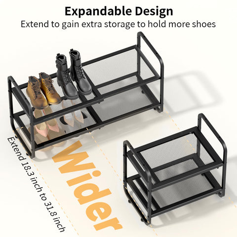 ULYVU Expandable Metal Shoe Rack 2 Tier, Height Adjustable & Stackable | Shoe Storage for Hallway, Garage, Wardrobe - Black