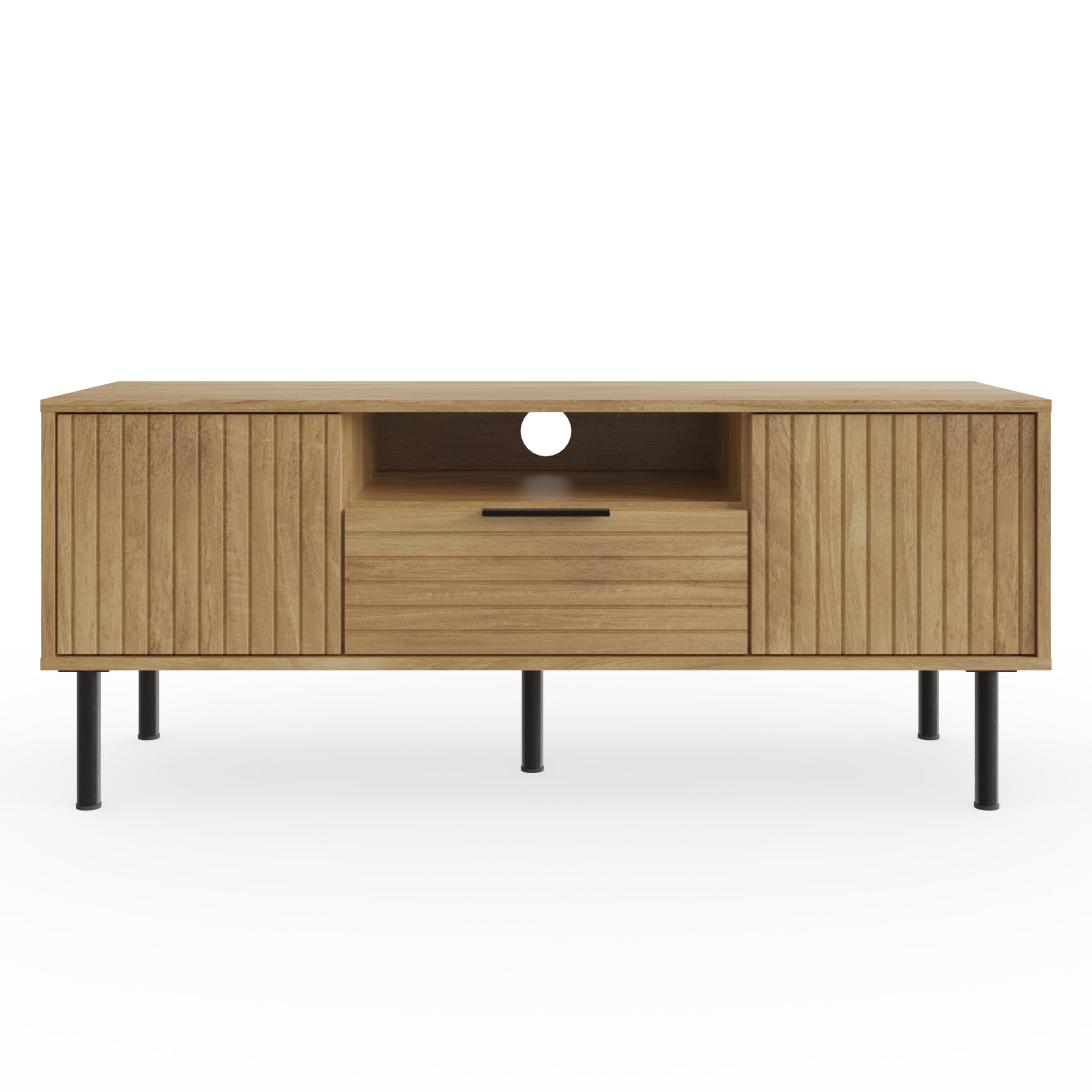 GFW Nervata TV Unit, Oak Effect Media Storage Cabinet with 1 Drawer and 2 Doors, Black and Gold Art Deco Style TV Stand for Living Room Furniture