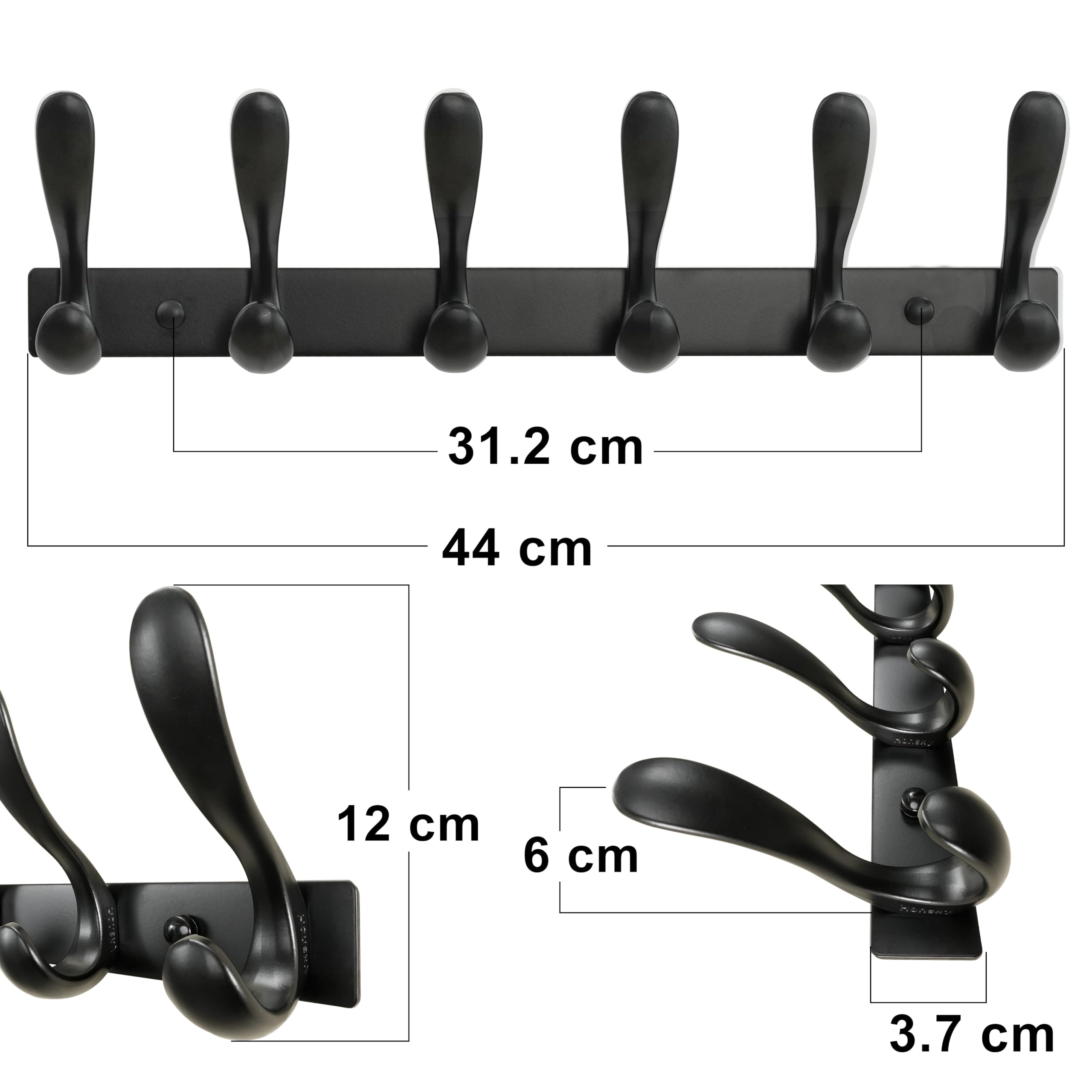 HONSKY Wall Coat Rack- Stylish,44cm Metal Coat Hanger Wall Mounted,Heavy Duty 6 Hooks Wall Coat Hook for Hallway, Bedroom