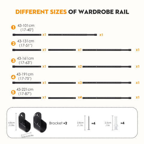 Poskena Adjustable Wardrobe Rail,Wardrobe Rails and Fittings, 43-191cm