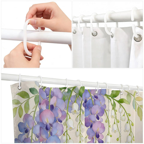 Kzzfqxb 180x180cm Floral Shower Curtains with Plastic Hooks, Purple Hanging Wisteria Flowers and White Lily Bells Waterproof Polyester Fabric for