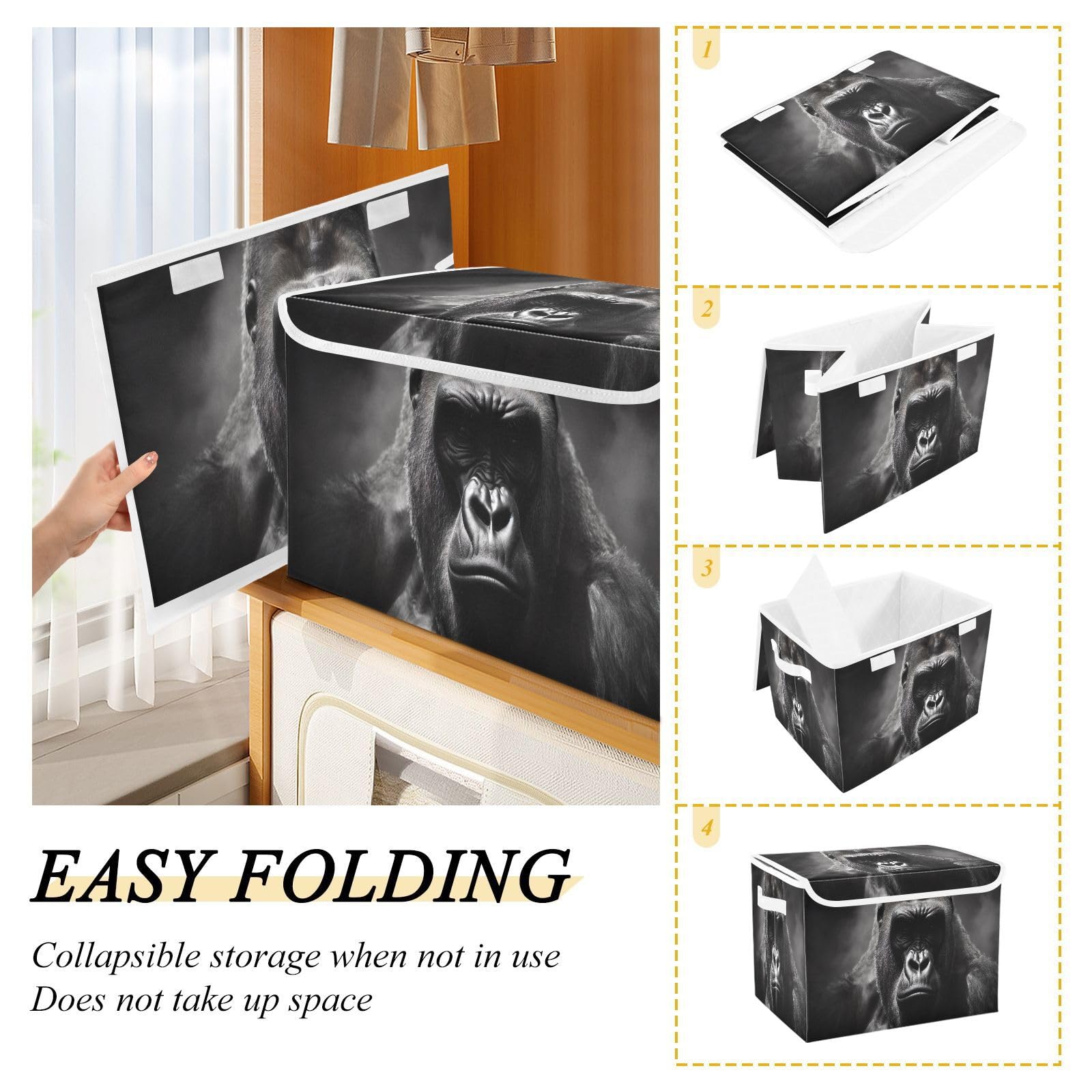JUMBEAR Meditating Gorilla Collapsible Storage Bins With Lids,Foldable Fabric Storage Boxes,Storage Basket Closet Bin for Christmas Decorations