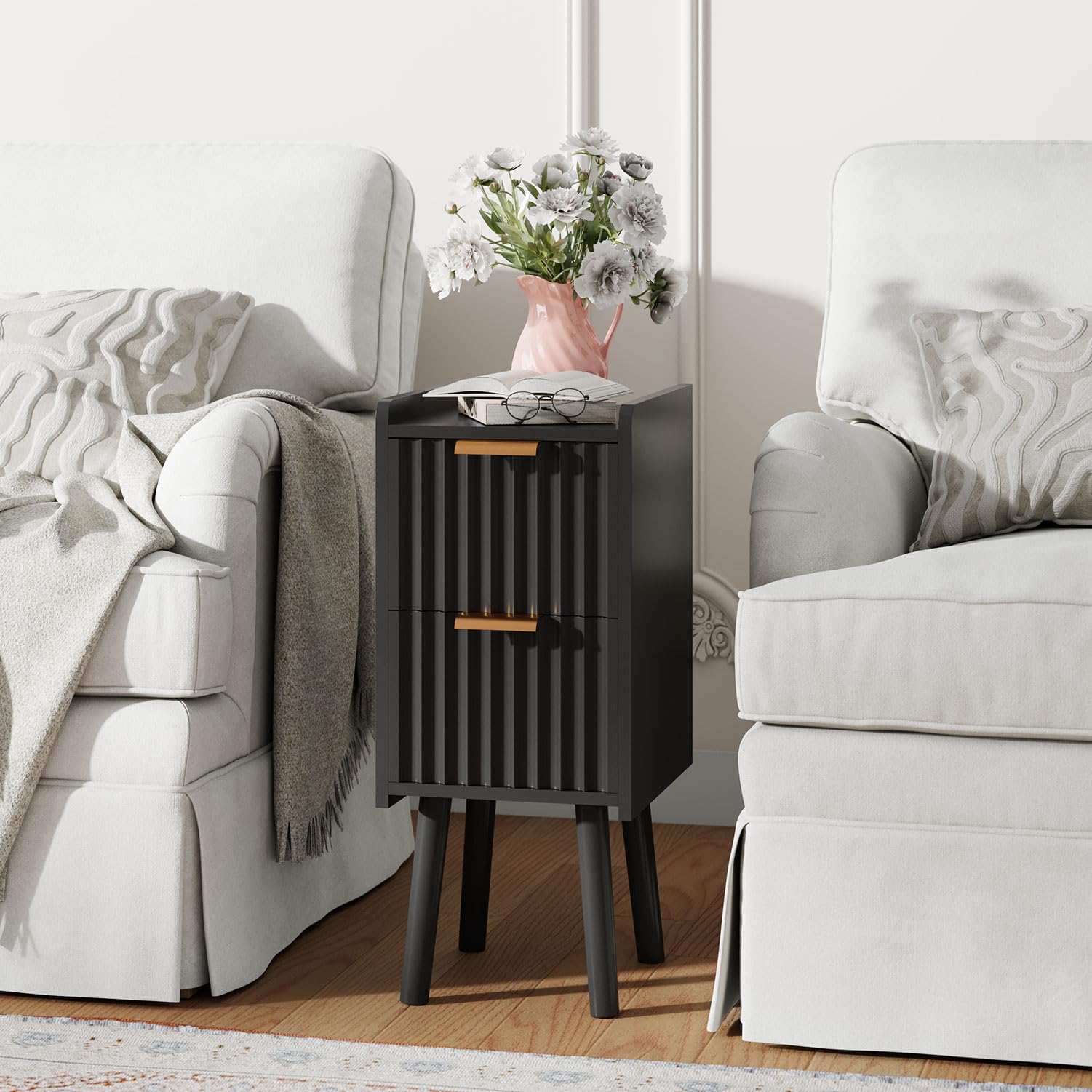 IBUYKE 22.5CM Slim Bedside Table with 2 Drawer,Black WNS015B