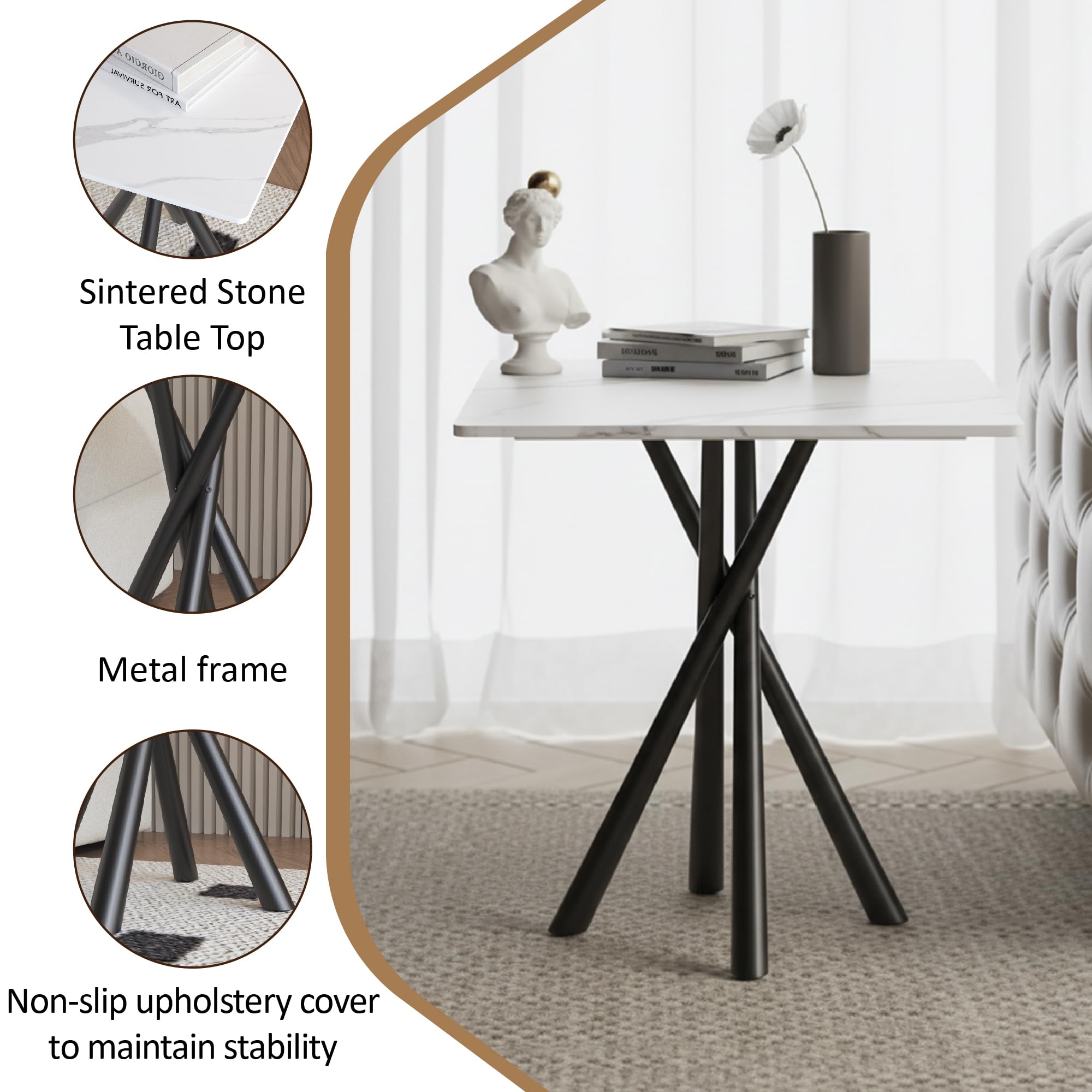 IMHKAM Side Table, White Small Stone Marble Coffee Table Living Room Bedside Table with Black Metal Legs Sofa Bedroom Office Table, 50x50x55cm