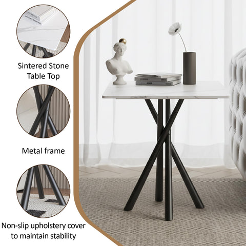 IMHKAM Side Table, White Small Stone Marble Coffee Table Living Room Bedside Table with Black Metal Legs Sofa Bedroom Office Table, 50x50x55cm