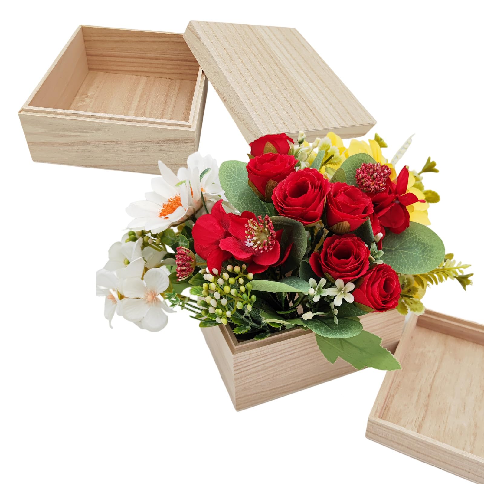 Anktily 4PCS Unfinished Wooden Box with Top Lid, 15x15x8cm Small Square Wood Keepsake Box,Rustic Wood Container Boxes for Crafts, Home Storage