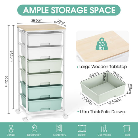 Rolling Storage Cart with 6 Drawers and Wooden Tabletop, Lockable Wheels Utility Cart for Art Studios, Office Supplies & Craft Room Organization
