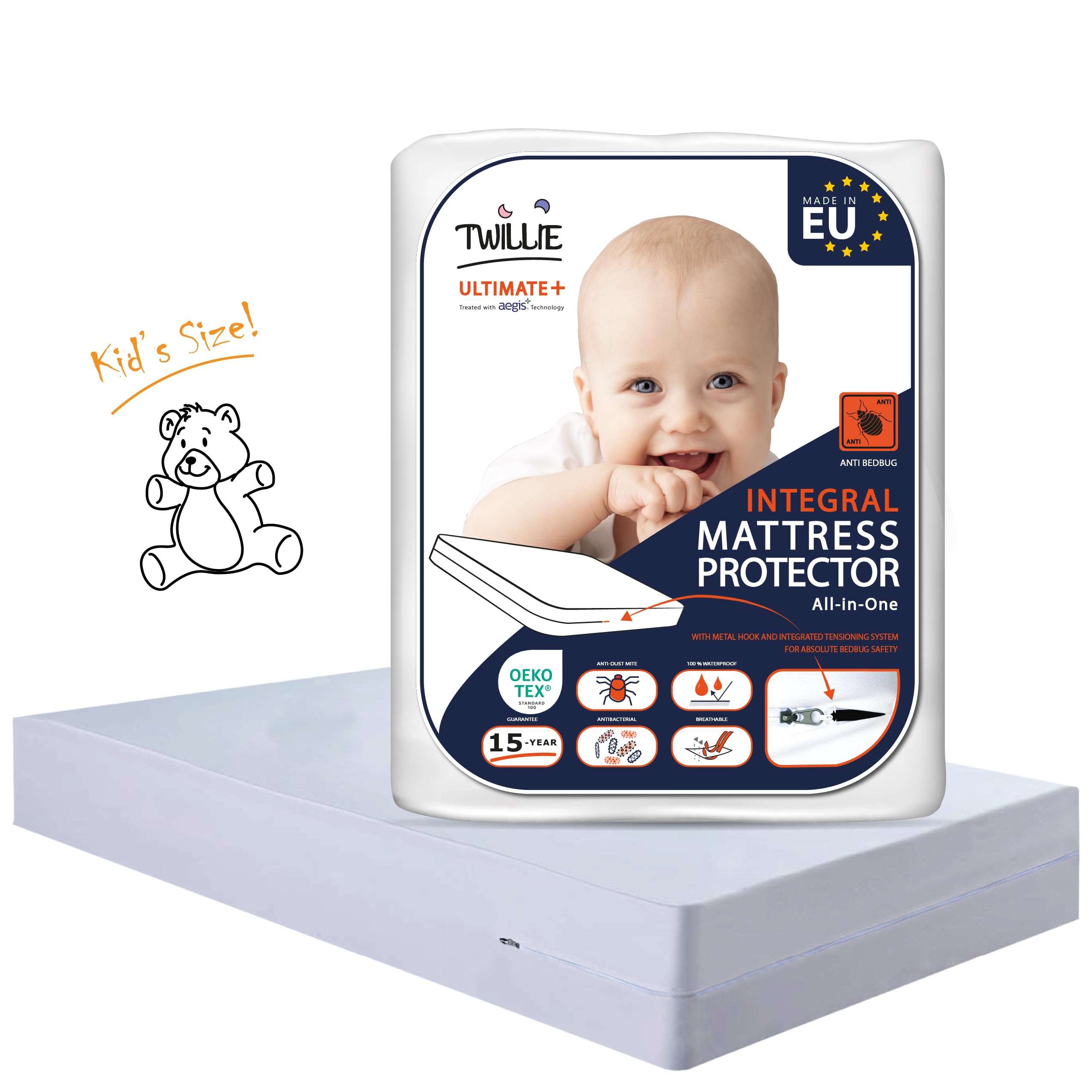Twillie - Integral Mattress Cover 70x160x15 cm Waterproof - Anti bedbug - Oeko-TEX® Mattress Cover AEGIS® treatment Anti-Dust Mite, Anti-Bacterial