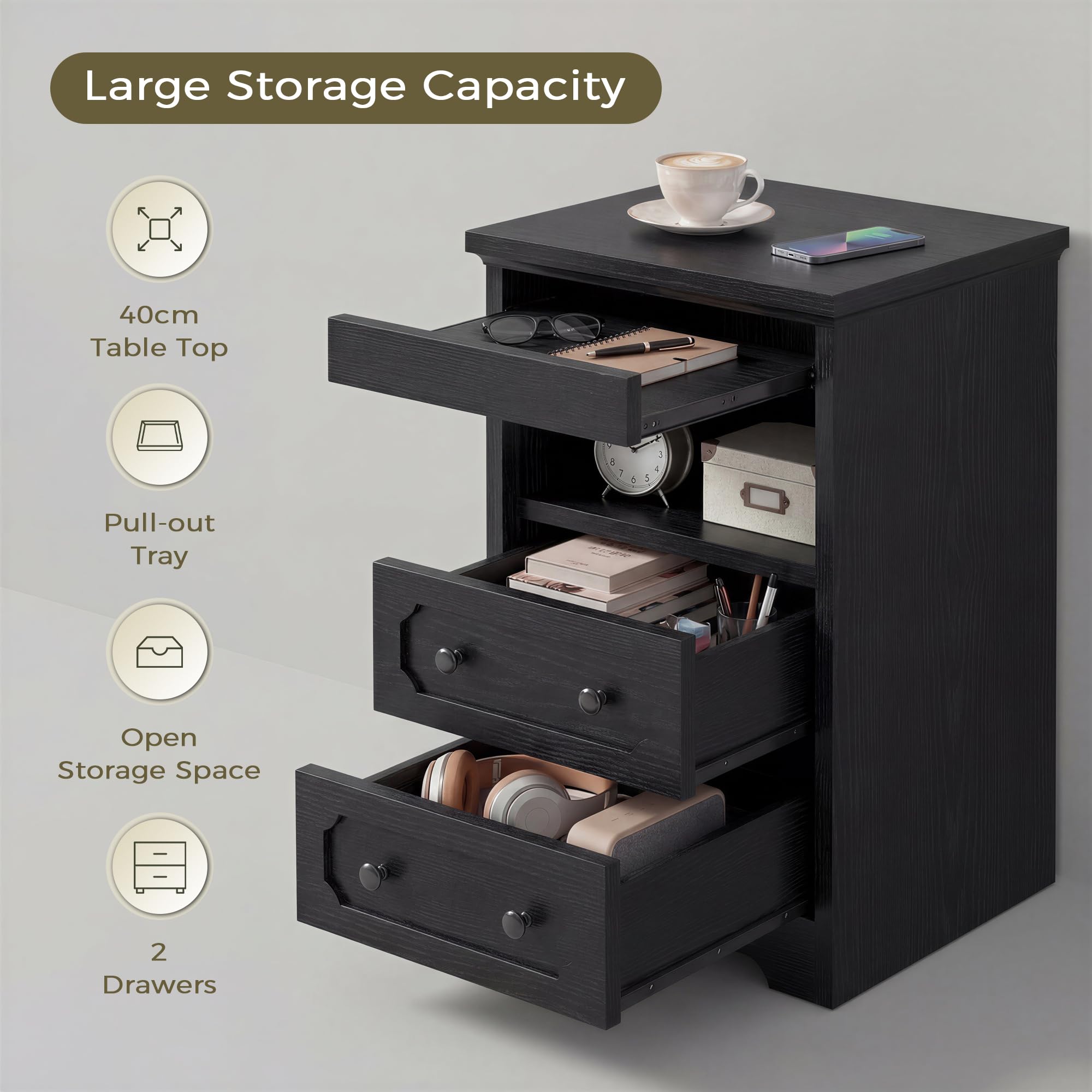 IRONCK Bedside Table with 2 Drawers, Modern Nightstand with Open Shelf, End Table with Pull-Out Tray for Bedroom, Living Room, Black