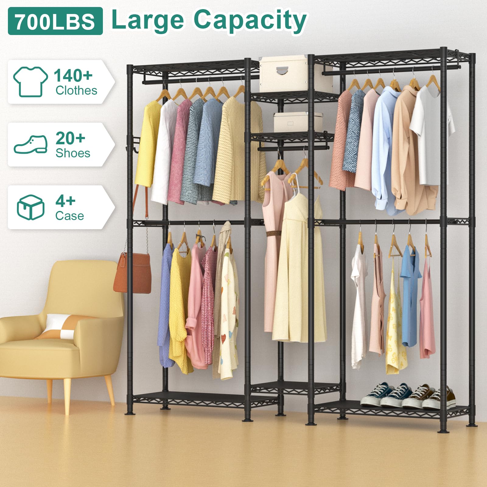 VyGrow Clothes Rail,Clothes Rack for Hanging Clothes,Adjustable Closet Organizer System, Double Rods, Side Hooks, Black