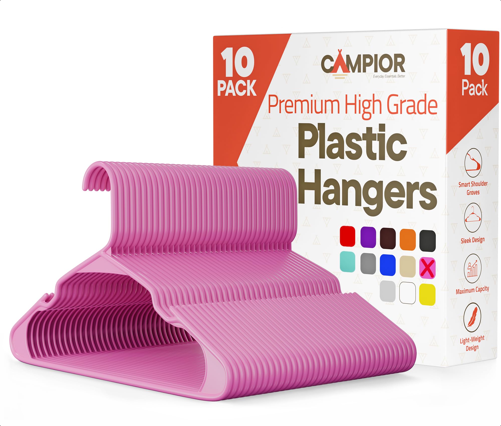 Campior Pink Plastic Hangers 10 Pack Heavy-Duty, Space-Saving, Non-Slip, Durable & Lightweight PP Hangers for Clothes