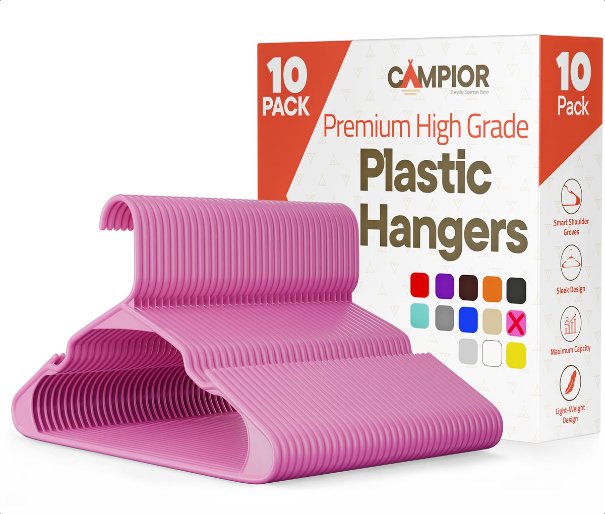 Campior Pink Plastic Hangers 10 Pack Heavy-Duty, Space-Saving, Non-Slip, Durable & Lightweight PP Hangers for Clothes