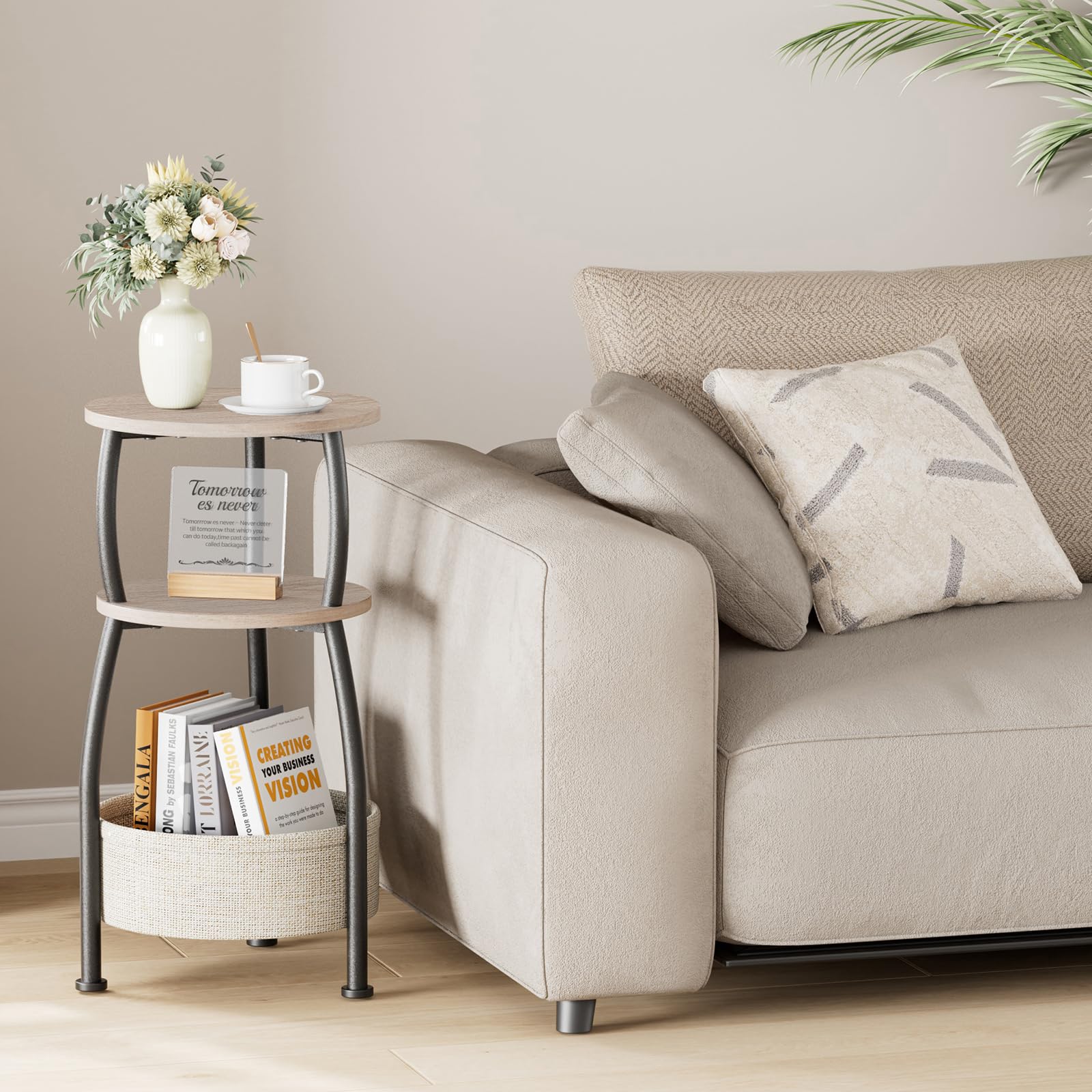 Yuede Round Side Table, 3 Tier Bedside Table, Small End Table with Fabric Basket, Coffee Table for Living Room, Bed Room, Small Space, Easy Assembly