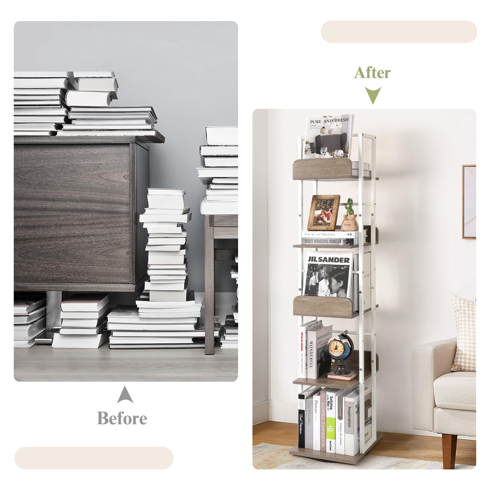 Bikoney 5-Tier Rotating Bookshelf, Tall Industrial Corner Book Tower