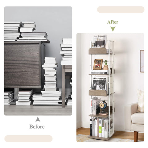 Bikoney 5-Tier Rotating Bookshelf, Tall Industrial Corner Book Tower