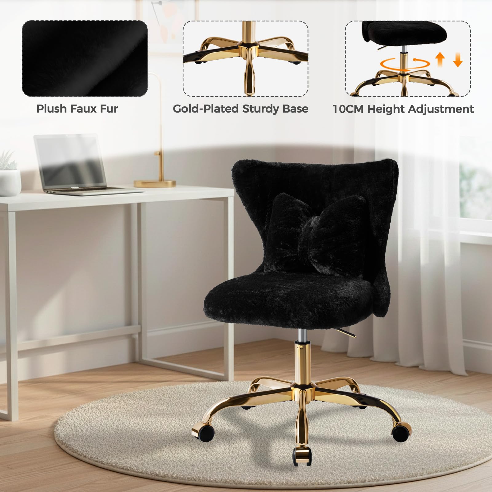 Eufurnibi Vanity Chair with Gold Wheels & Bow Pillow, Girl's Office Chair