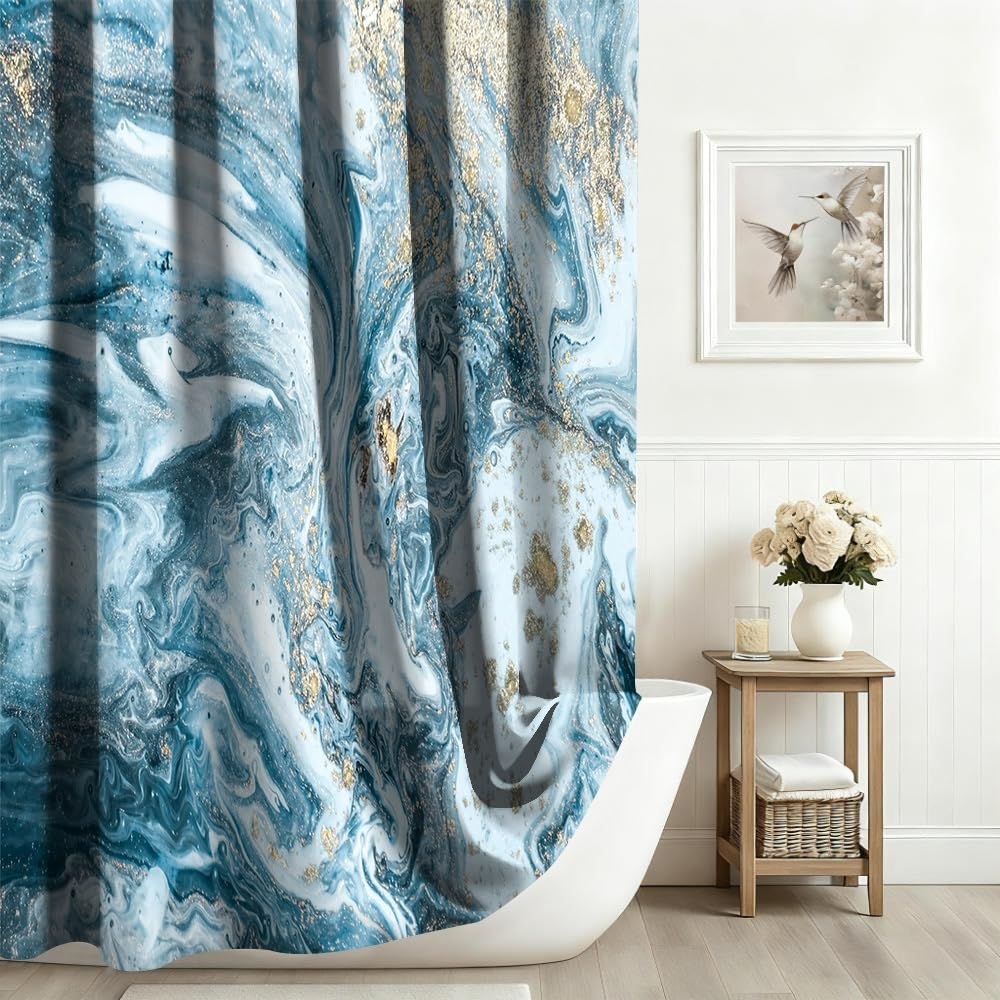Xiaoterna Blue Marble Shower Curtain Modern Concise Design Waterproof Bathroom Curtain Abstract Contemporary Aesthetic Washable Mildew Resistant