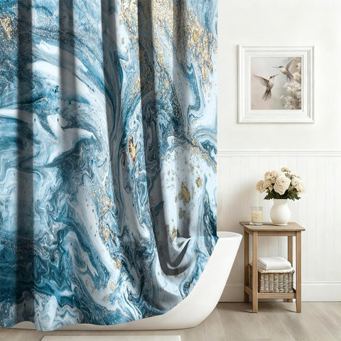 Xiaoterna Blue Marble Shower Curtain Modern Concise Design Waterproof Bathroom Curtain Abstract Contemporary Aesthetic Washable Mildew Resistant